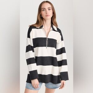 Free People Coastal Stripe Pullover Black and White Quarter-Zip Oversized